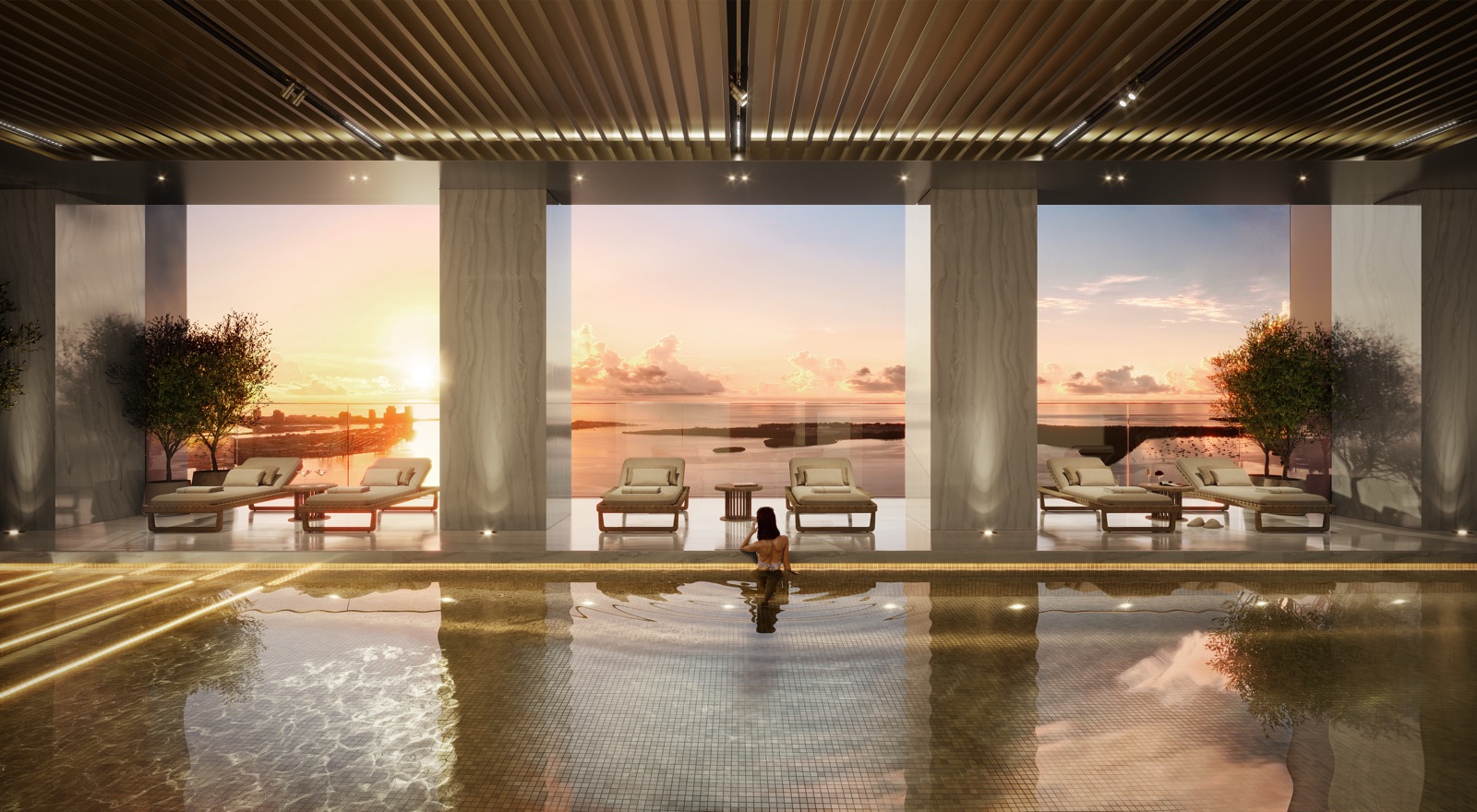 888 Brickell — resident-only 44-foot lap pool and pool deck reserved for owners.