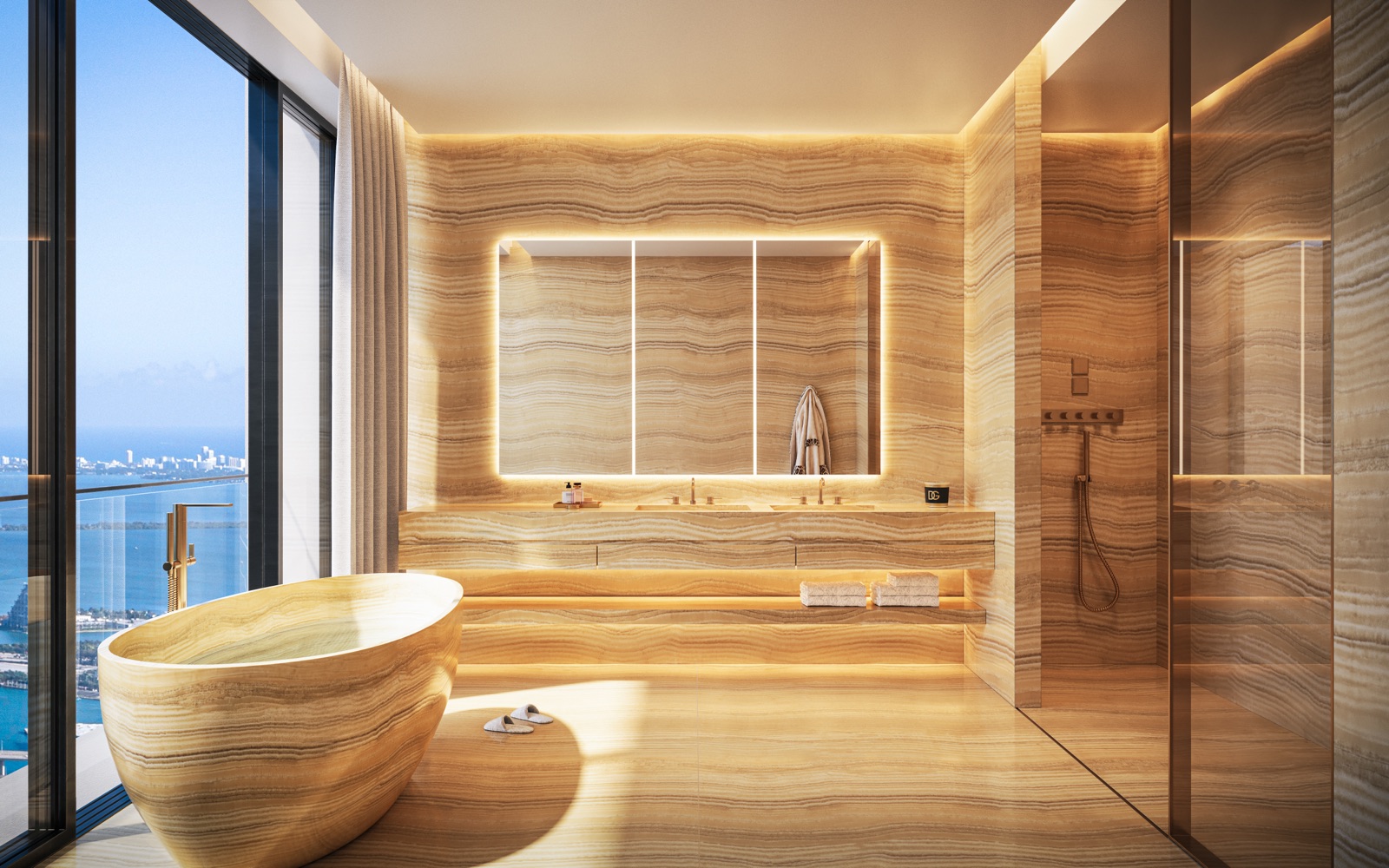 888 Brickell primary bath — custom Dolce&Gabbana bathroom in Travertino Giallo.