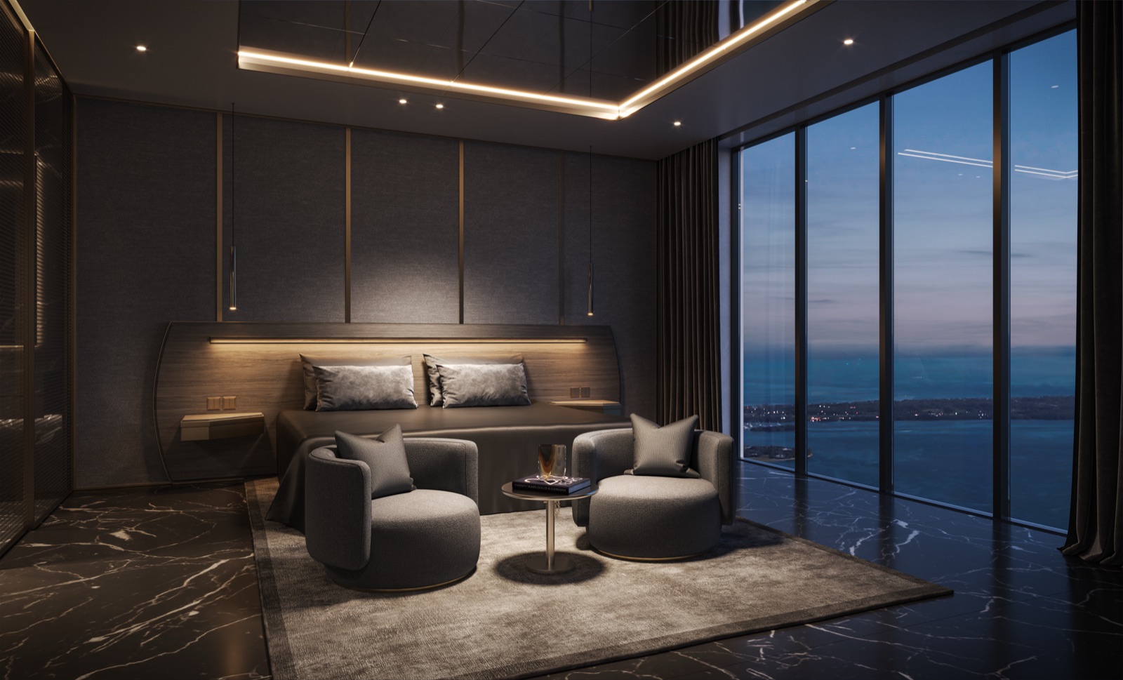 888 Brickell primary bedroom — Sahara Noir marble accents, fully built-out closets in custom millwork.