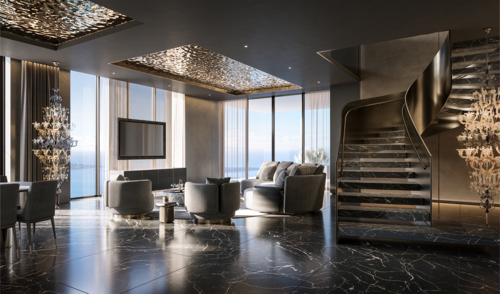 888 Brickell residence — great room in Sahara Noir marble, Italian Dolce&Gabbana interior design.