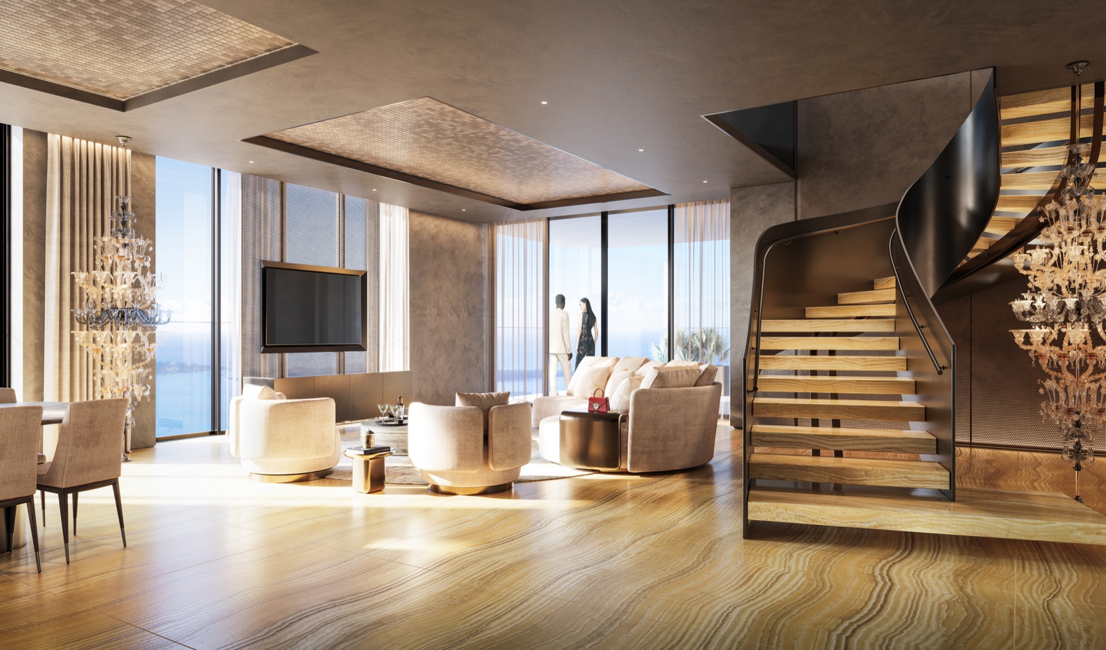 888 Brickell residence — great room in Travertino Giallo, Italian Dolce&Gabbana interior design.
