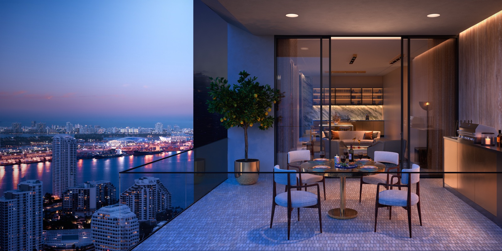 888 Brickell — view from a residential unit overlooking Biscayne Bay, Brickell, and Downtown Miami.