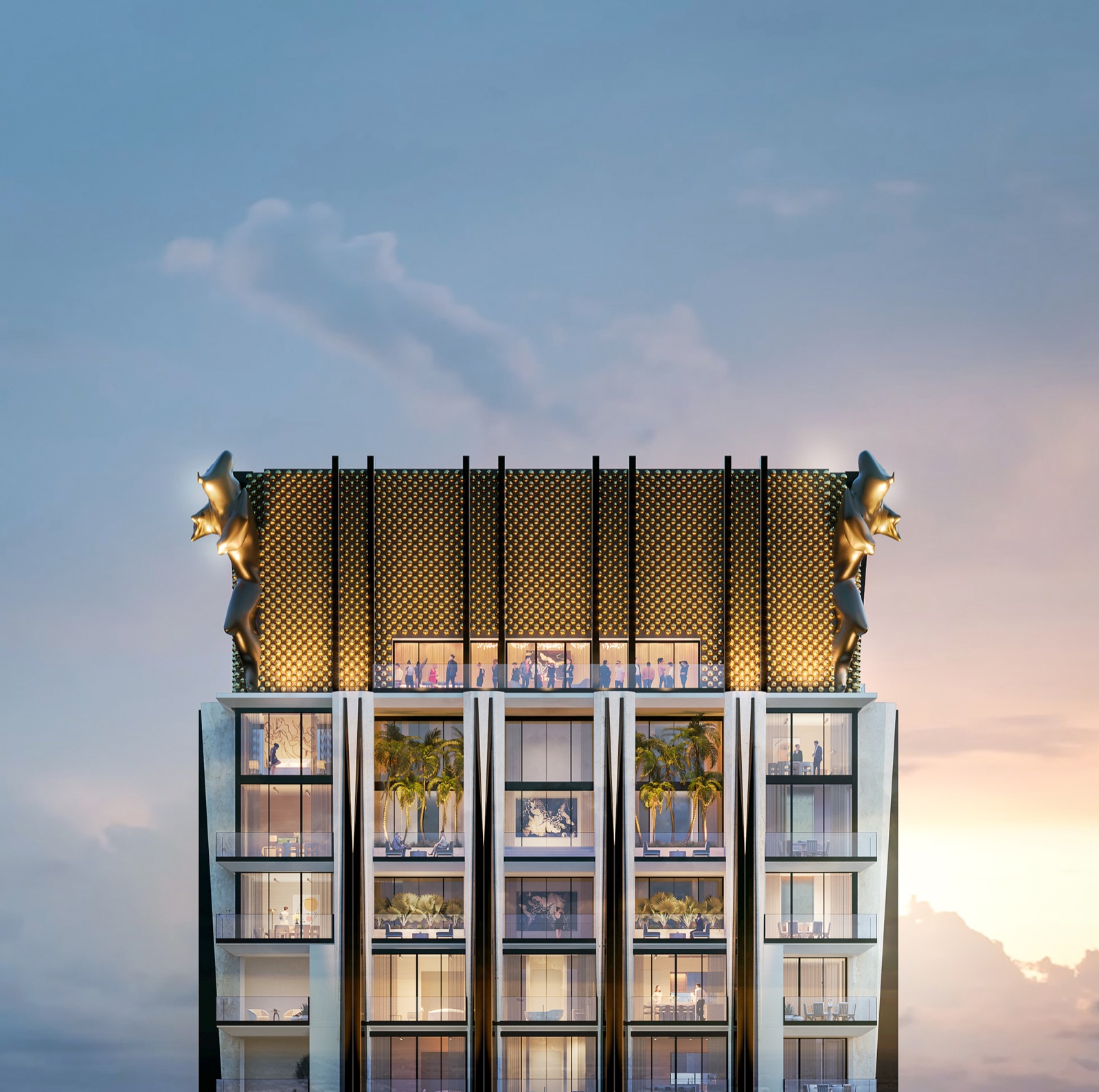 The golden crown atop 888 Brickell — gilded architectural detail crowning Miami's tallest tower.